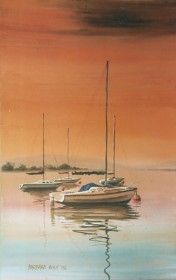 Boats at sunset painting